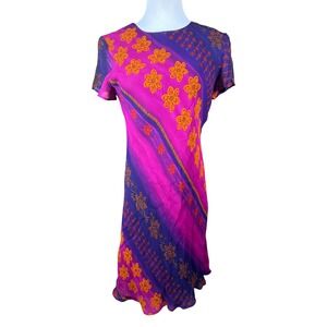 Benjamin A Vintage Floral Midi Dress Purple Magenta Orange Rayon Size 10 3A758